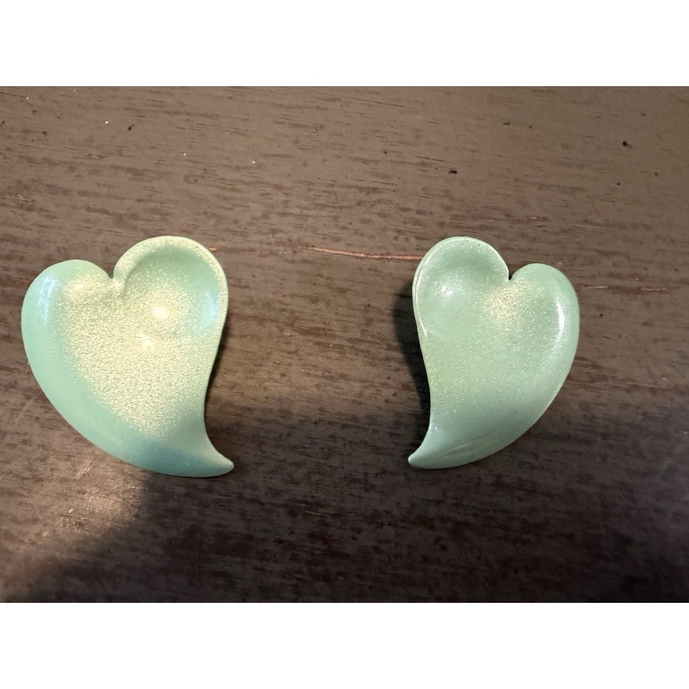 Vintage 1980s Mint Green Heart Earrings Enamel Statement Studs Retro